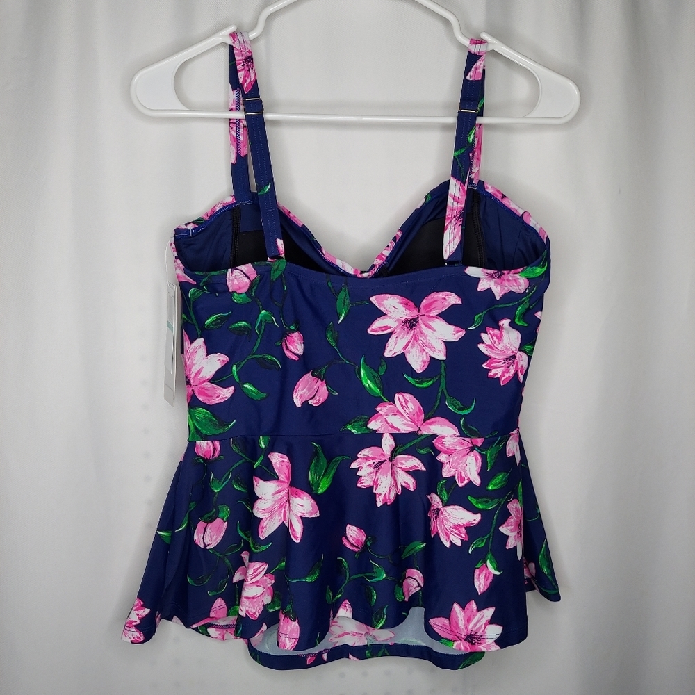 Sol Collective‎ Swim Tankini 16 Blue Pink Floral Stretch Padded Twist Ruffle